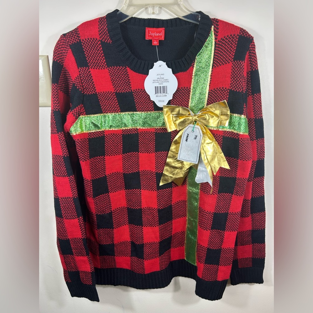 JOYLAND‎ Ugly Christmas Sweater Women’s L Red Black Present Bow Colorblock NEW